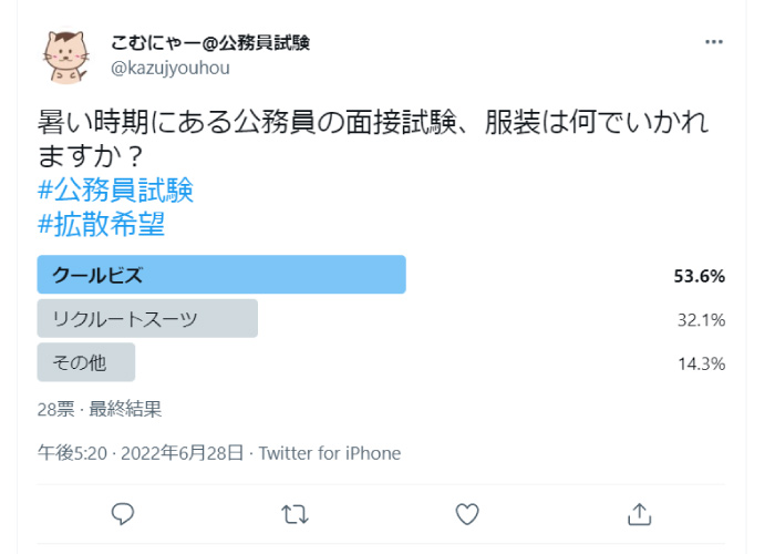 公務員試験の面接はクールビズで行く人がどれくらいいるのかのアンケート結果